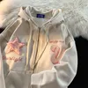 Women's Hoodies Sweatshirts Letter Borduurwerk Zip Up Hoodie Fashion High Street Hip Hop Star Flocking Women Clothing Losse Sweatshirt Desitel Tops 230206