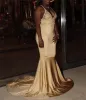 Afrikansk ny modet Champagne Mermaid Prom Dresses Pärlor Backless Lace Applique Sweep Train Formella aftonklänningar Vestidos Custom Made Made