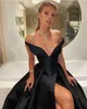 Sexy Dark Navy Satin Simple A Line Prom Dresses V Neck Pleats Front Slit Formal Evening Gowns Off Shoulder Arabic Aso Ebi Special Occasion Dress Robe de Soiree