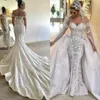 2022 Splendidi abiti da sposa a sirena con strascico staccabile con spalle scoperte Abito da sposa in pizzo Abiti senza schienale Abito da sposa Dubai Taglie forti