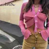 Artsu Sweet Pink Kinited Croped Top Women Y2K Ruched Crop Long Sleeve Camisole Winter Party Club Vintage 220408