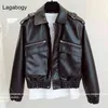 Lagabogy New Autumn Brown Short Faux Leather Coat Women Spring Long Sleeve Biker Jacket Female Zipper Causal Pocket Outwear L220728