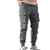 Men's Pants Solid Color Drawstring Elastic Waist Pockets Hem Cropped Multi Pocket Cargo Trousers Streetwear 220826