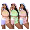 New Arrivals Letter Print Splicing Tracksuits For Women Short Sleeve Hooded Crop Top And Drawstring Shorts Casual 2 Piece Sets B10027