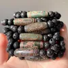 Bracelets de charme Rétro Naturel Tibétain Dzi Bracelet Fengshui Ruyi Dragon Eyes Agat Noir Pierre De Lave Strand Reiki Guérison Mâle Kent22