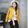 Sungtin PU Кожаная куртка женщин цвет y2k Новая мода короткая искусственная кожаная байкерская куртка с ремнем прохладу Lady L220801