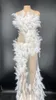 Bühnenkleidung Sexy Rhinestones Durchschauen Mesh Weiße Federn Langes Kleid Frauen Abend Hochzeit Geburtstag Party Kleider Sänger Kleidung275l