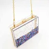 Transparent acrylic clutch bag with liquid sparkle inside women dinner bag gold frame handbag