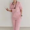 H3-レディース2ピースパンツ女性ソリッドカラースパスレッド病院クリニックドクターワークスーツトップス+パンツユニセックススクラブペット看護制服