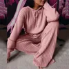 Women's Two Piece Pants Vintage Sweater Set Elastic Waist Ribbed Floor-Length Hooded Top Loose TracksuitWomen's