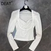 DEAT square Collar Full Sleeves Letter Slim Arrivals Solid Color Long Sleeve Square Collar Stiching Bottom T-shirt MZ673 210709