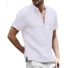 Hommes Lin Coton Henley Chemises Casual Manches Courtes Hippie Bouton Up Beach T-Shirts