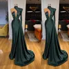 2022 Sexy Dubai Elegant Emerald Green Mermaid Evening Dresses Wear Long Sleeve High Neck Beads Crystals Split Women Formal Dress Evening Gowns Custom Made