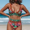 Patchwork Bikinis Sexy Push Up Bathing Suit Leopard Print Swimwear Women Strap Swimsuit High Waist Bikini Set Beach Wear XL 220531