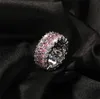 Lodowe 360 ​​Eternity Silver Pink Bling Pierścienie Mikro Pave Cubic Zirconia 14K Białe złoto Pierścień Hip Hop z pudełkiem podarunkowym