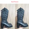 Platform Chunky Western Mid Calf Women's Boots High Heels Embroidered Square Toe Pull On Fashion Cowgirl Cowboy Boots Female 220725