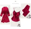 5PCS Robe Sleep Suit Pajamas Set Sexy Lace Stain Red Women Silk Pyjamas Dressing Gown Summer Sleepwear Chest Pads 220329