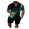 2022 Summer Print Casual Tracksuits For Mens Short Sleeve Slim Fit Zipper Lapel Polos Tshirt and Sport Shorts 2 Piece Polo Set G15