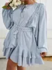 Plus Size Dresses Simplee Lantern Sleeves Ruffle Belt Elegant Dress Women Office Blue Lace A-line Loose Mini Vestido 2022Plus