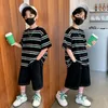 Clothing Sets Kids Suit Hip Hop Short-sleeved T-shirt Black Shorts Boys Simple Striped Half-sleeved Summer Loose Children Student ClothesClo