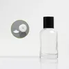Imballaggio Bottiglia di vetro vuota Collare nero Pompa spray per lozione bianca Coperchio nero trasparente con tappo Contenitore per imballaggio cosmetico ricaricabile portatile 40 ml 100 ml 120 ml