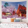 Tapisserie murale rose imprimée du mont Fuji, décoration de maison imprimée de vieux Temple, fleurs de cerisier japonais, J220804