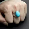 Natural Turquoise Stone Ring for Men 925 Sterling Silver Vintage Statement Oval Blue Stone Mens Ring Turkish Handmade Jewelry H220414