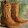 BONJOMARISA Vintage Femel Stickerei Spitzschuh Cowboy Western Damen Stiefel Chunky High Heels Slip on Herbst für 220813 GAI GAI GAI