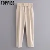 biege suit pants women high waist cargo pants belt solid color trousers joggers pantalones de mujer 201113