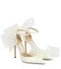 Kobiety sukienki ślubne Białe sandały pompki obcasy panny młodej luksusowe buty projektowe średnio 100 mm satynowe pompy z kości słoniowej z kryształami i kokardkami 35-43 pudełko
