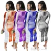 New Fashion Spring Autumn Tie Dye Print Dress Sexy Slim High Quality Long Sleeve Bodycon Dresses