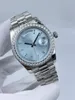 Orologio automatico da donna Classico impermeabile azzurro da 36 mm con lunetta in diamanti e chiusura pieghevole in acciaio inossidabile