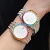 High Quality Hip Hop Colorful Watch 316L Stainless Steel Case Cover Full Diamond Crystal Strap Watches Quartz Wrist Watches Rapper290V