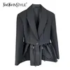 Twotwinstyle Minimalista Dobra Sólida Plissada Fêmea Blazer Enlatado Manga Longa Solta Cintura Patchwork Casaco Mulheres Outono 220402