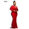 Perl Full Sleeve Deep Vneck Maxi Dress Evening Party Special Occasion Wear Red Curved Skirt Plus Size Women's Clothing XL XL L220601