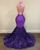 2022 Purple Sparkly Sequined Lace Long Evening Dresses Wear Sexy Backless Halter African Girls Mermaid Sequins Women Formal Prom Party Gowns Plus Size