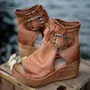 Sandalias 2022 Botas de tobillo de verano de fondo plano Cinturón de cuña Hebilla Zapatos romanos Mujeres Open Toe 34-43