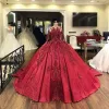 2022 vert foncé rouge robes de Quinceanera avec manches longues dentelle appliques perlées satin étage longueur plis doux 15 16 anniversaire robe de bal sur mesure