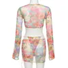 Abiti casual Mesh Sheer Floral Printed Sexy Vacation Style Chic Set Top manica lunga Mini gonna fasciatura Club Beach Suit Donna