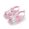 Baby Kleinkind Sandalen Mädchen Sommer offene Spitze rutschfeste weiche Sohle flache Prinzessin Sandalen mit Schleife Säuglingsschuhe in Regenbogenfarben