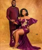 Plus Size Arabo Aso Ebi Purple Mermaid Evenig Abiti Sexy Lace High Split Sheer Neck Evening Formal Party Second Reception Gowns