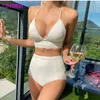 LDYRWQY 2021 new Japanese and Korean solid color high waist sexy big breasts gather strappy bikini swimsuit two-piece suit Y220420