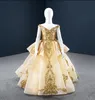 2022 Altın Sequins Aplike Kızlar Balo Pageant Elbiseler V Yaka Cap Sleeve Katmanlı Katmanlar Fırfır Çiçek Kız Elbise Düğün Çocuk Örgün Abiye giyim Şampanya