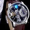 2022 Astronomia Tourbillon Orologio da uomo al quarzo svizzero Cassa in acciaio blu PVD Sky Skeleton Quadrante globo 3D Cinturino in pelle nera Super Editio178I