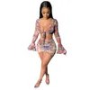 Designer Dress Suits Summer Women's Screen Print Mesh Bandage Pleated Sexy Lotus Leaf Ruffled Long Sleeve Half Skirt