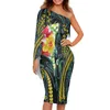 캐주얼 드레스 레이디 짧은 주름 슬리브 O- 넥 드레스 폴리네시아 부족 레드 프랑 시파니와 잎 인쇄 커스텀 여름 여성 사모아 2022c