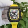 Vente chaude Montres de qualité supérieure 50mm x 44mm RM011-FM Skeleton NTPT Bandes en caoutchouc jaune en fibre de carbone transparent mécanique automatique Mens Montre Montre-montre