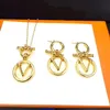 Europe America Designer Fashion Style Necklace Earrings Lady Women Gold-colour Hardware Engraved V Initials Pendant Jewelry Sets M00598 M00613