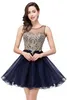 Cute Lovely Short Cocktail Prom Dresses Sheer Neck Gold Appliques Ruffles Knee Length Homecoming Evening Gowns vestidos de gala In Stock CPS362