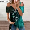 Vrouwen zomer vneck rits shirt rozendruk ketting riem uit schouderblouse vrouw kleding korte mouw streetwear tops 220607